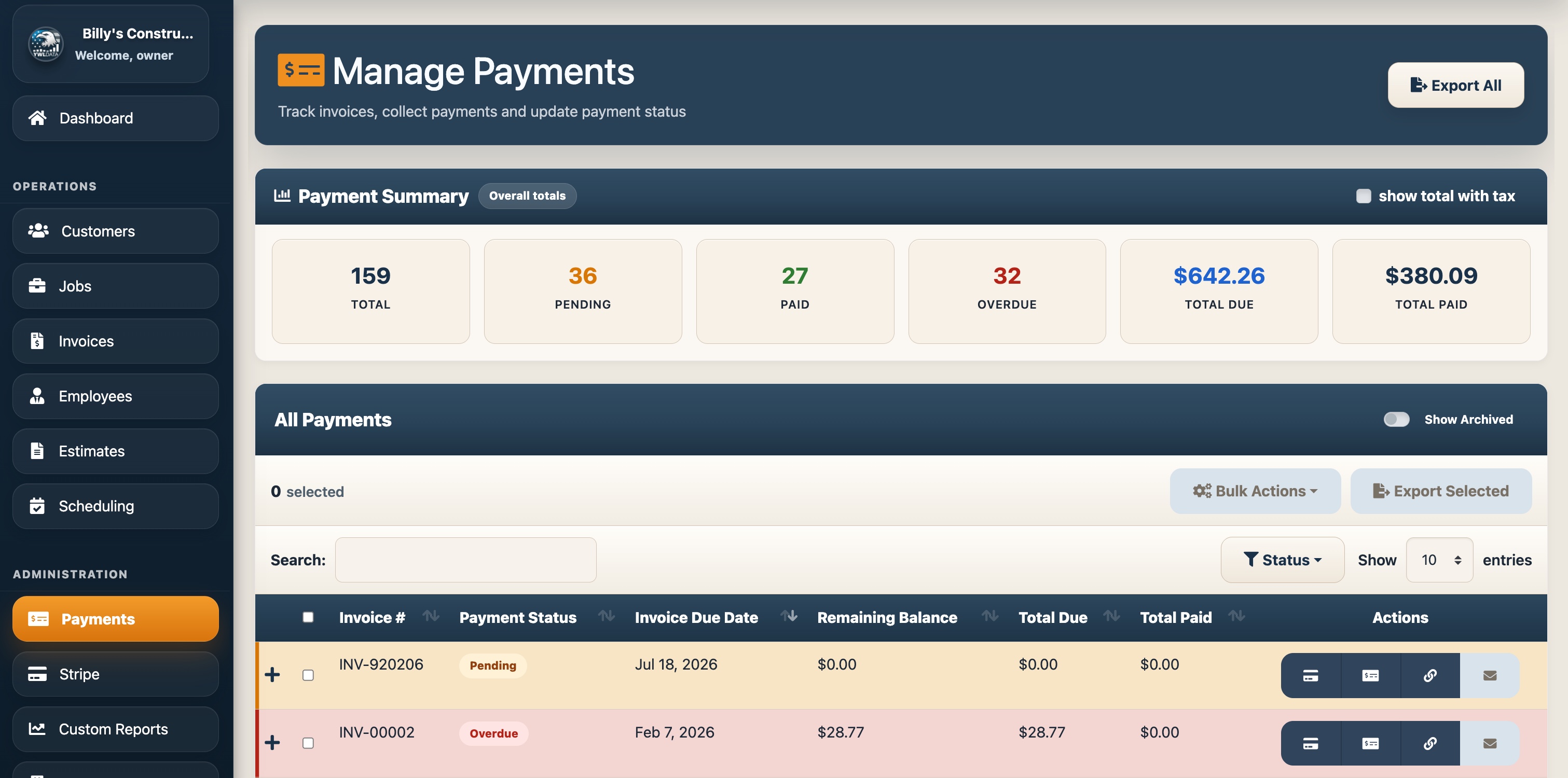 Payments dashboard