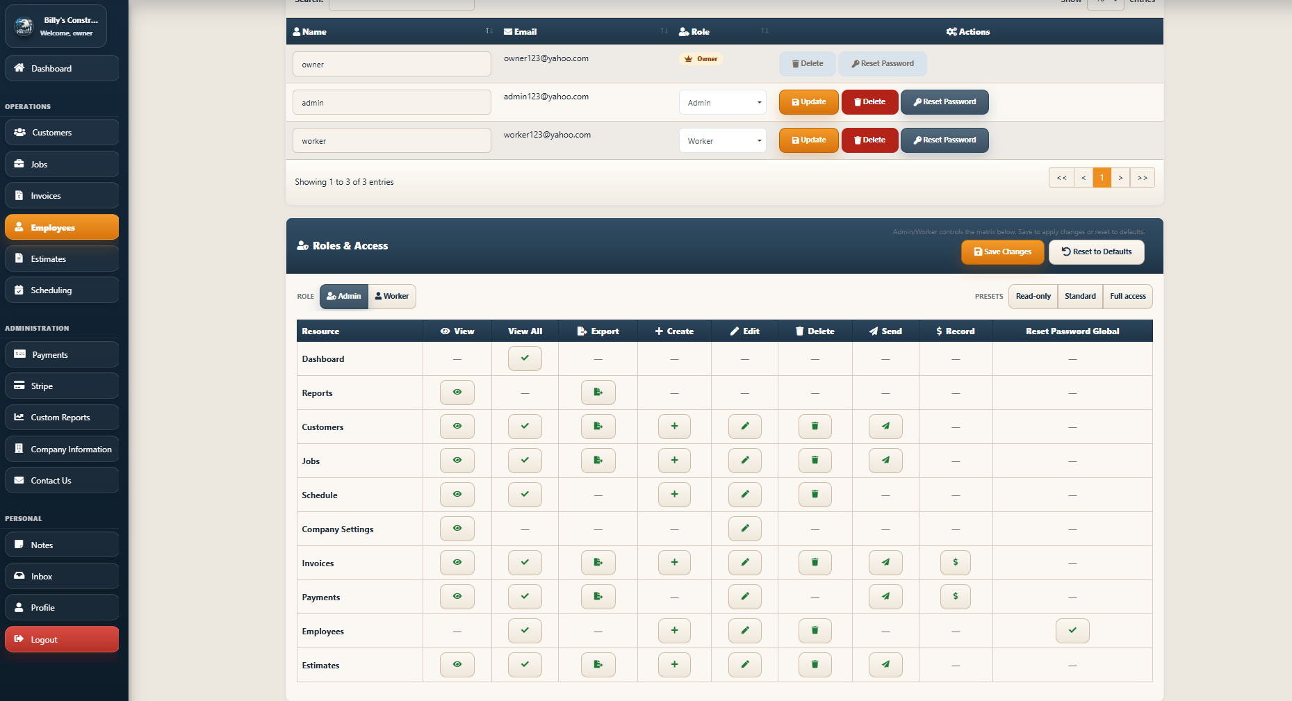 Roles and access control